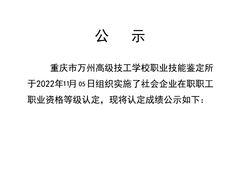 重庆市万州高级技工学校第4批认定技能等级成绩公示